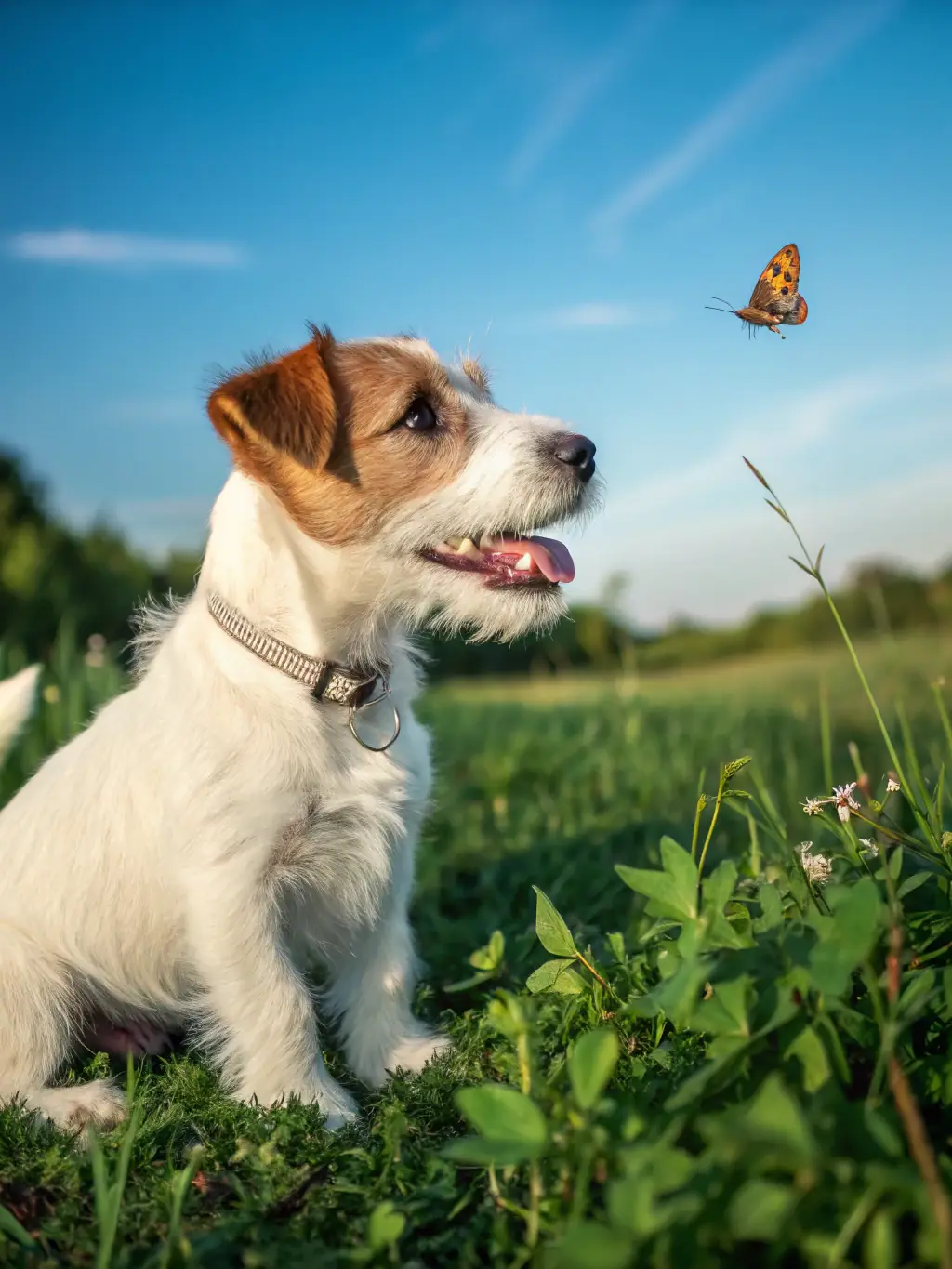 A Jack Terrier happily chewing on a dental treat, with a focus on their clean, healthy teeth.