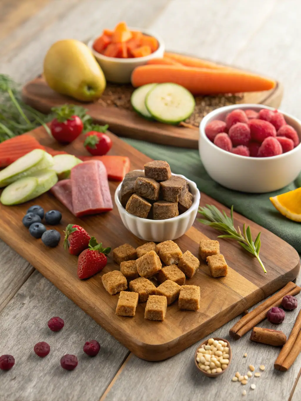 A balanced diet of Jack Terrier Foods, showcasing kibble, wet food, and treats, arranged to represent a complete meal plan.